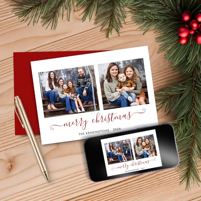 Simple Red Script Merry Christmas Photo Holiday  Card (Simple Red Script Merry Christmas Photo Holiday Card)