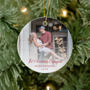 Simple Red Script Modern First Christmas Engaged Ceramic Ornament