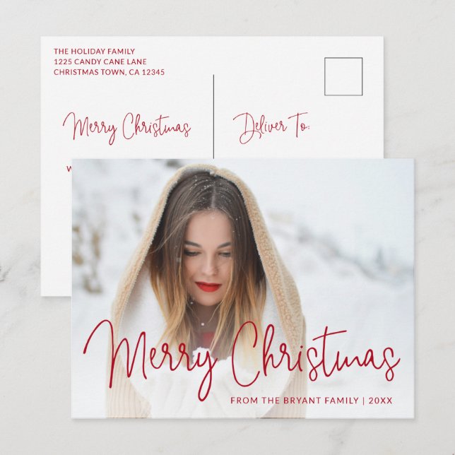 Simple Red Script Photo Modern Elegant Christmas Holiday Postcard (Front/Back)