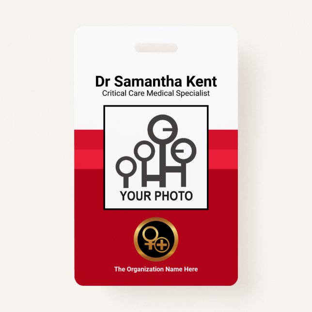 Simple Red Shade Column Photo Medical Staff ID Badge (Front)