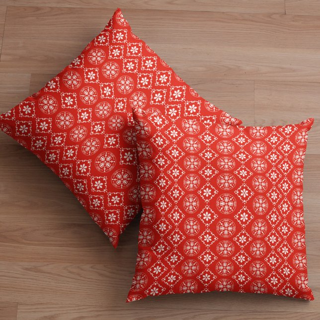 Simple Red Snowflake Rustic Cute Winter Pattern Throw Pillow (Simple holiday red snowflake pattern throw pillow)
