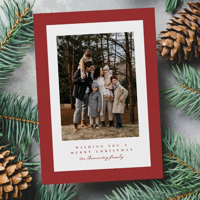 Simple red tweed frame Christmas photo Holiday Card (Creator Uploaded)