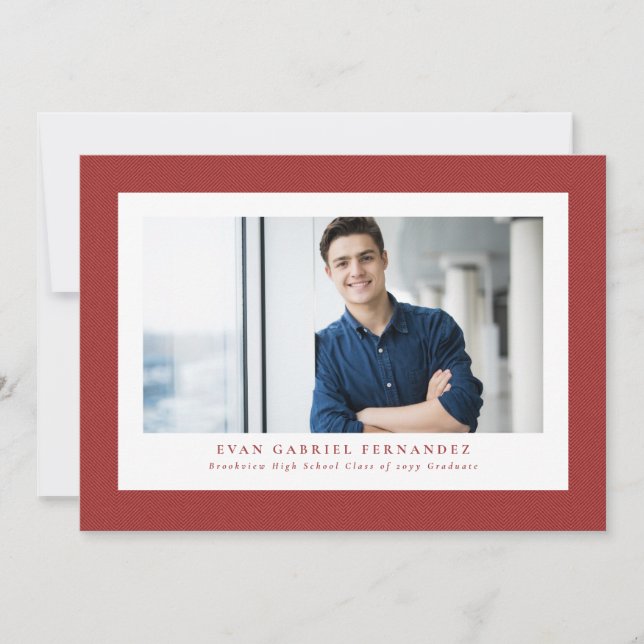 Simple red tweed frame classic photo graduation invitation (Front)