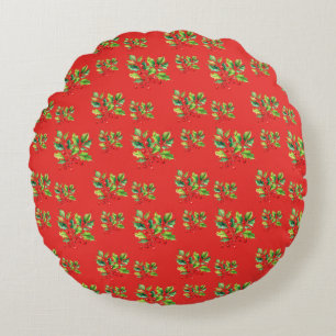 Simple red Watercolor Holly Berries Xmas Pattern Round Pillow