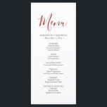 Simple Red Wedding Menus Card<br><div class="desc">Designed to coordinate with my watercolor collection these simple dinner menu cards can be personalized with your names and meal choices. The word Menu is set in a modern calligraphy script in berry red. The minimalist card reverses to a solid complimentary colour. Perfect for Christmas weddings, rehearsal dinners, an engagement...</div>