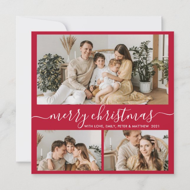 Simple Red White 3 Photo Collage Christmas Holiday (Front)