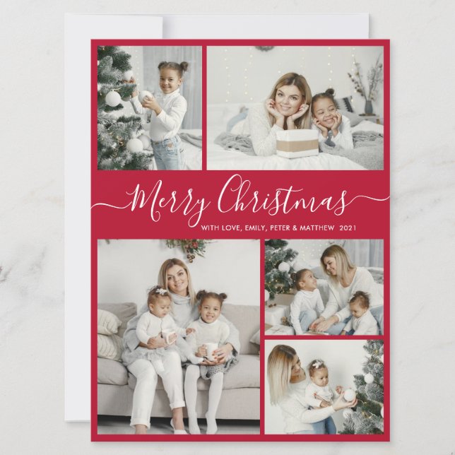 Simple Red White 5 Photo Collage Christmas Holiday Card (Front)