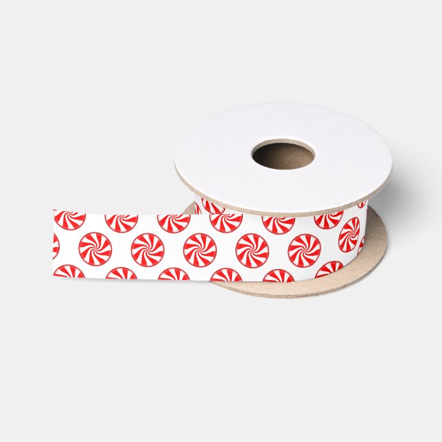 Simple Red White Candy Cane Candies On White Satin Ribbon (Spool)