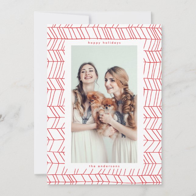 Simple Red & White Christmas Candy Cane Border Holiday Card (Front)