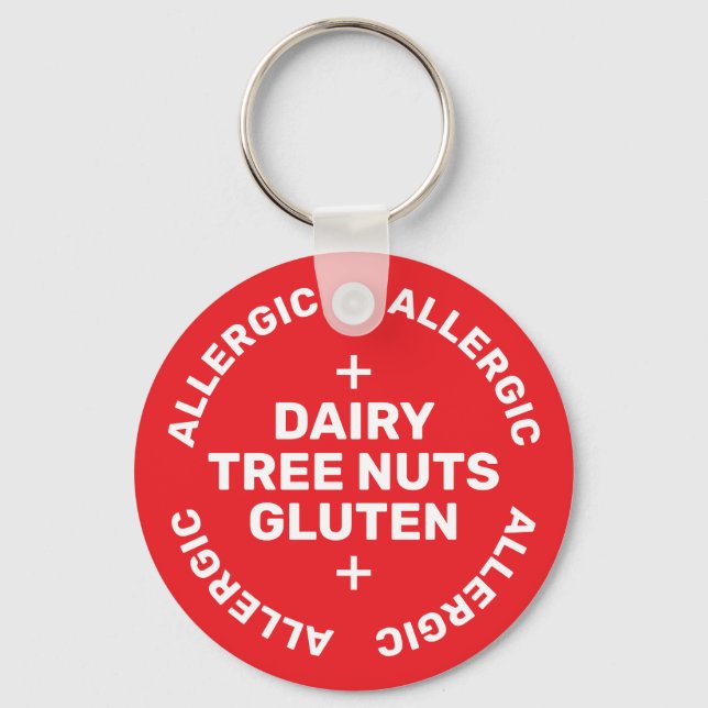 Simple Red White Emergency Contact Food Allergy  Keychain (Front)