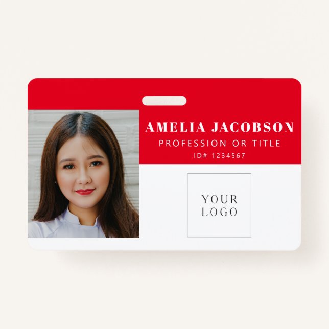Simple Red White Employee Photo ID Logo Barcode Badge (Front)
