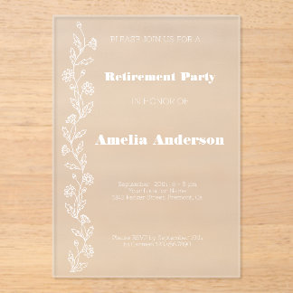 Simple retirement doodle daisy white acrylic invitations