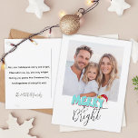 Simple Retro 1 Photo Merry Bright Blue Christmas  Holiday Postcard<br><div class="desc">This festive Merry and Bright design was created using a fun modern script font and my hand lettered block font in a retro style in aqua blue and red topped off with my hand painted Santa hat with holly and berries to make your family photo shine as the star. Add...</div>