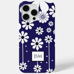 Simple Retro Boho Navy Blue and White Daisy Flower iPhone 15 Pro Max Case
