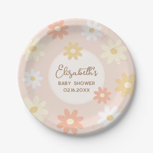 Simple Retro Chic Daisy Boho Girl Baby Shower Paper Plate (Front)