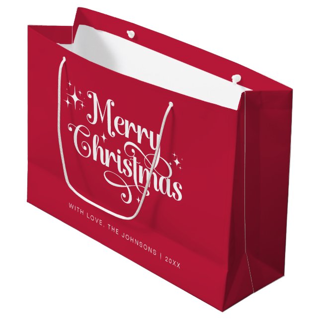Simple Retro Chic Red and White Merry Christmas Large Gift Bag (Front Angled)