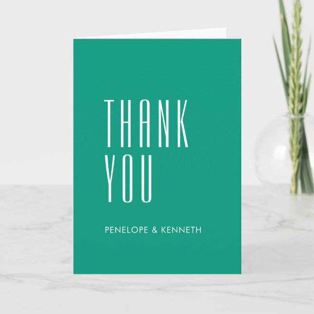 Simple Retro Custom Names Wedding Solid Emerald Thank You Card (Front)