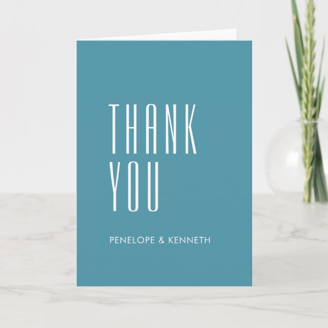 Simple Retro Custom Names Wedding Solid Teal Blue  Thank You Card (Front)