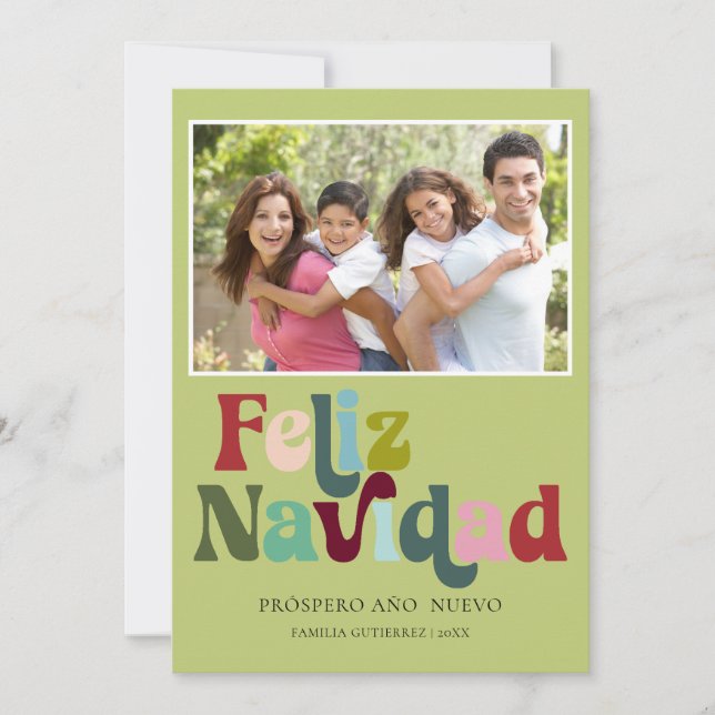 Simple Retro Feliz Navidad Photo Green Holiday Card (Front)