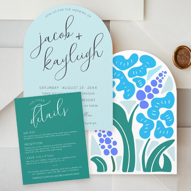 Simple Retro Floral GREEN Wedding Details QR Card (Simple jade green script formal QR code wedding details card sky blue retro boho floral arch invite)