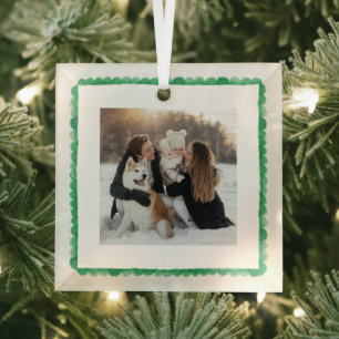 simple retro green frame photo square christmas glass ornament