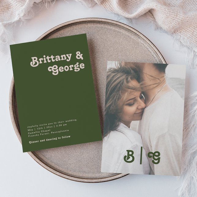 Simple Retro | Olive Green Casual Photo Monogram Invitation (Creator Uploaded)