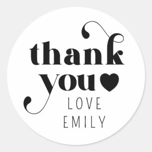 Simple Retro Thank You Heart   Black White Classic Round Sticker