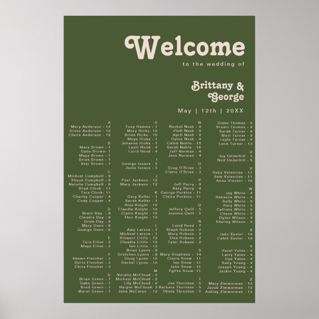 Simple Retro Vibe Olive Green Alphabetical Seating Poster (Front)