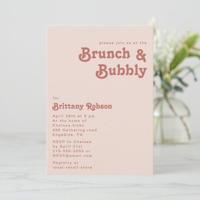 Simple Retro Vibes | Blush Pink Brunch and Bubbly Invitation (Standing Front)
