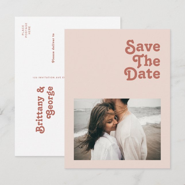 Simple Retro Vibes Blush Pink Photo Save The Date Invitation Postcard (Front/Back)