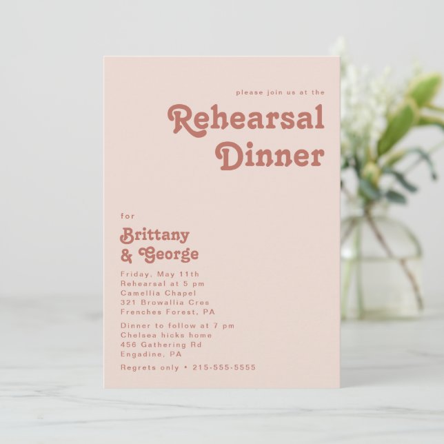 Simple Retro Vibes | Blush Pink Rehearsal Dinner Invitation (Standing Front)