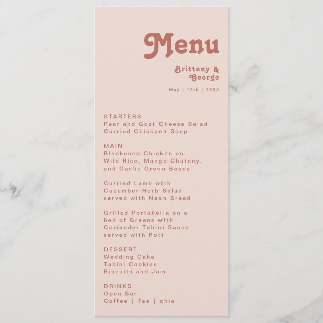 Simple Retro Vibes | Blush Pink Wedding Dinner Menu (Front)