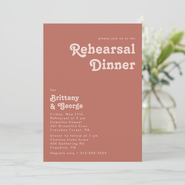 Simple Retro Vibes | Old Rose Rehearsal Dinner Invitation (Standing Front)