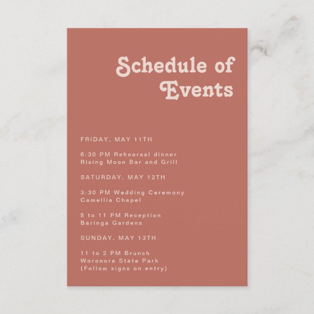 Simple Retro Vibes | Old Rose Schedule of Events Enclosure Card (Front)