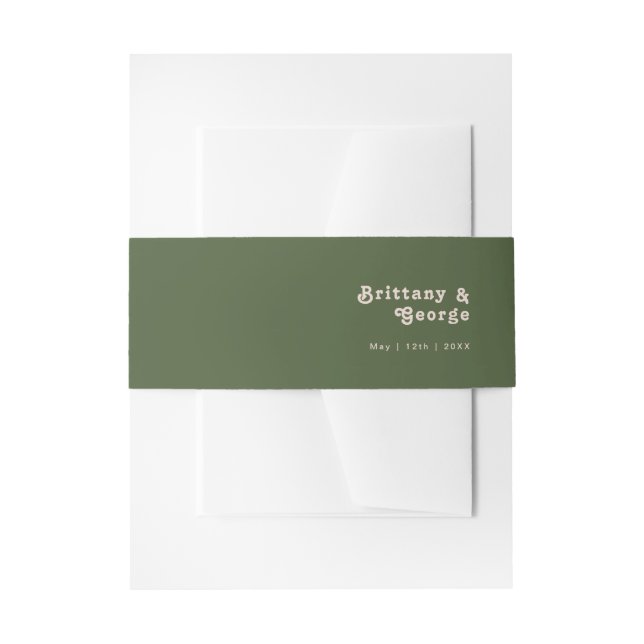 Simple Retro Vibes | Olive Green Wedding Invitation Belly Band (Front Example)
