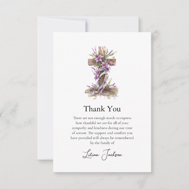 Simple Roman Catholic Cross Lilac Flowers Funeral Thank You Card (Front)