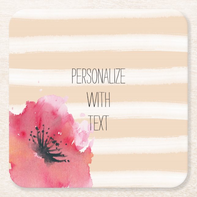 Simple Romantic Stripes Floral Watercolor Square Paper Coaster (Front)