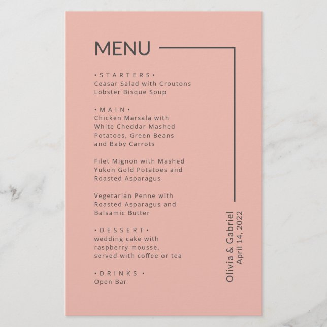Simple Rose cold Typography minimal wedding menu (Front)