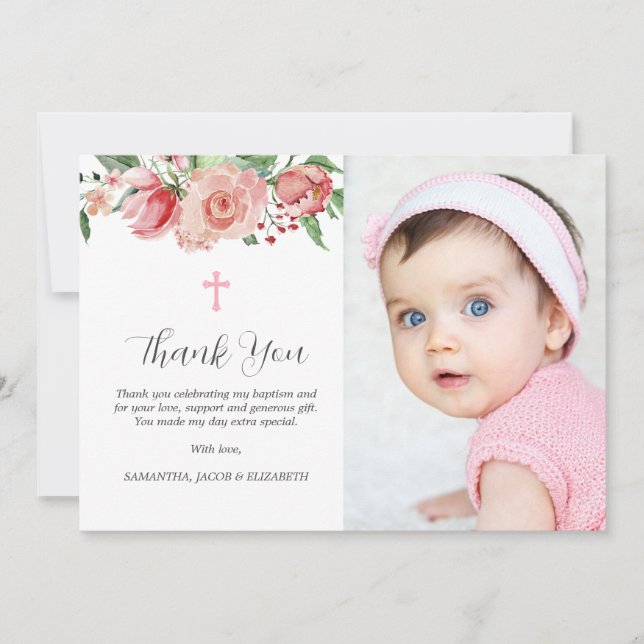 Simple Rose Floral Girls Baptême Carte de remercie (Devant)