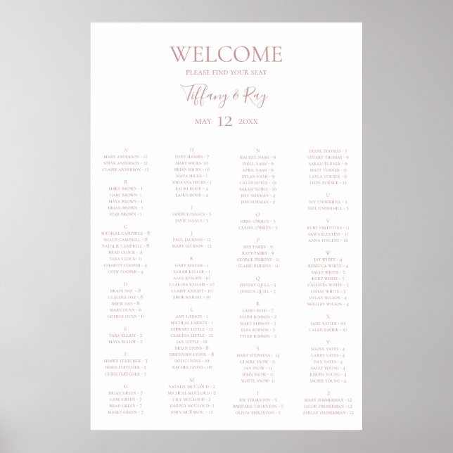 Simple Rose Gold Alphabetical Seating Chart (Front)