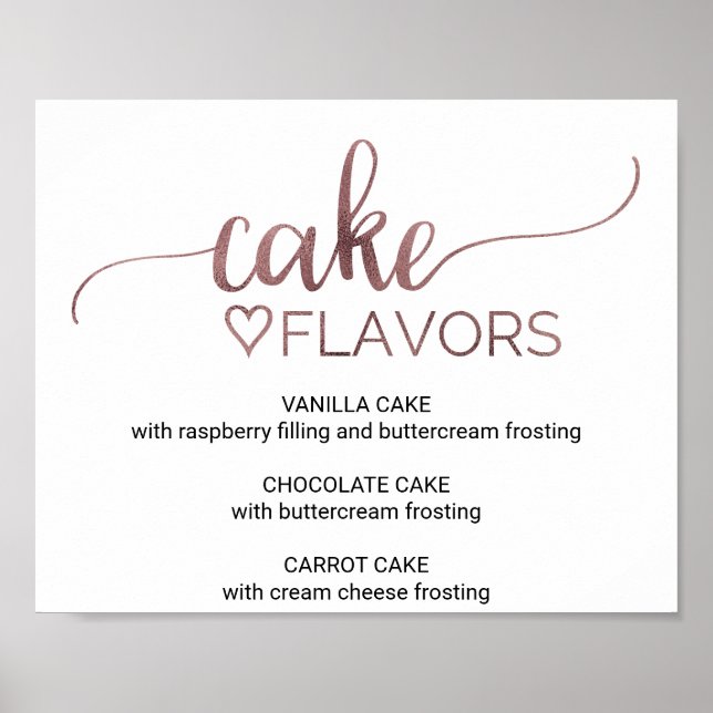 Simple Rose Gold Calligraphy Cake Flavours Sign (Front)