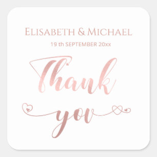 Simple rose gold calligraphy hearts thank you square sticker