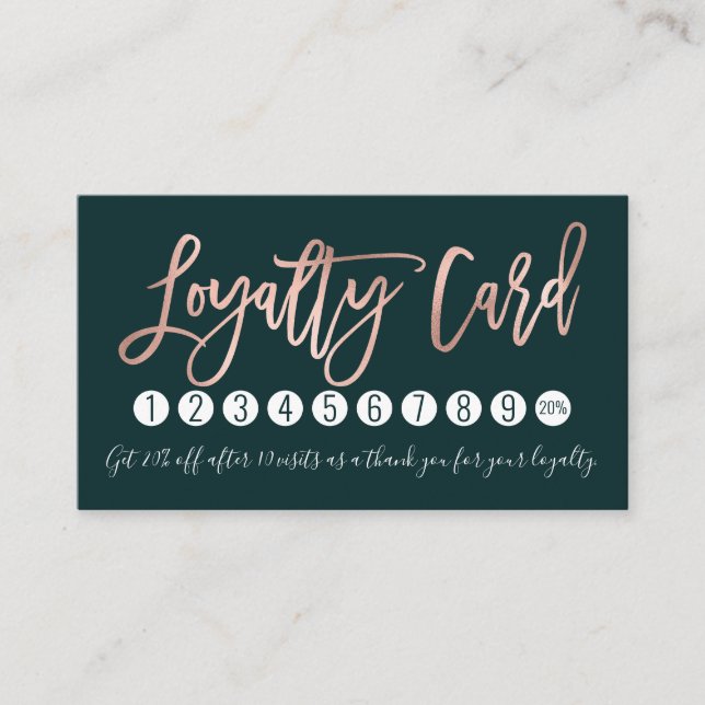 Simple Rose Gold Emerald Green Modern Typography Loyalty Card (Front)
