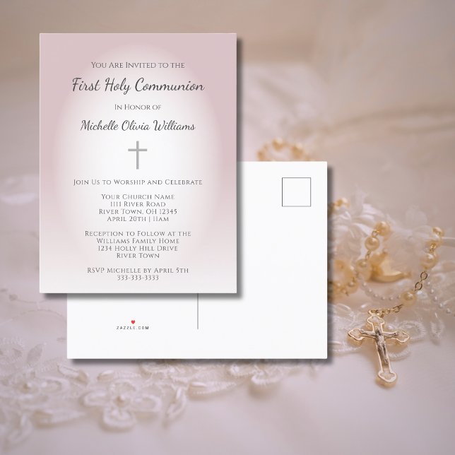 Simple Rose Gold First Communion Elegant Invitation Postcard (Creator Uploaded)