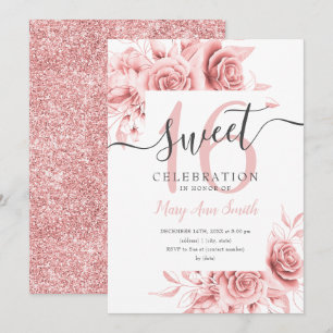 Simple Rose Gold Floral & Glitter Sweet 16 Script  Invitation