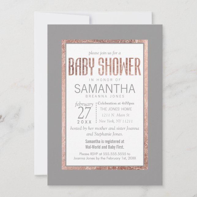 Simple Rose Gold Frame Slate Grey Baby Shower Invitation (Front)
