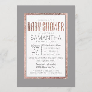 Simple Rose Gold Frame Slate Grey Baby Shower Invitation