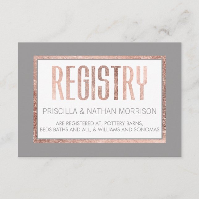 Simple Rose Gold Frame Slate Grey Gift Registry Enclosure Card (Front)