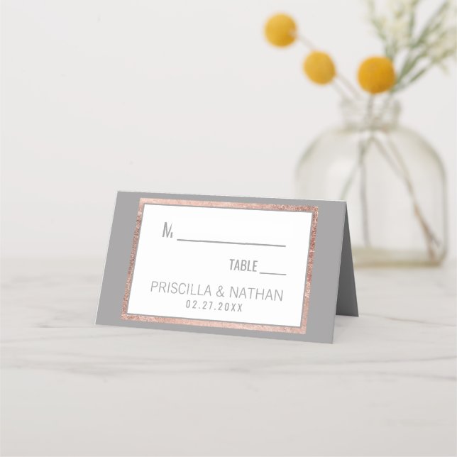 Simple Rose Gold Frame Slate Grey Wedding Place Card (Front)