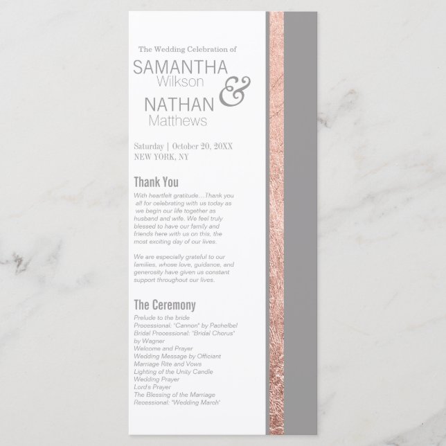 Simple Rose Gold Frame Slate Grey Wedding Program (Front)